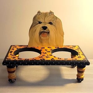 Dog Food Pet Station, Hand Painted Grey/White  Dog Feeder, Hand Crafted